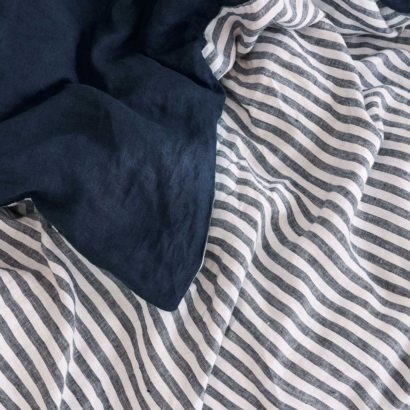 French Flax Linen Double Sided Quilt Cover SET in Indigo/Indigo Stripe