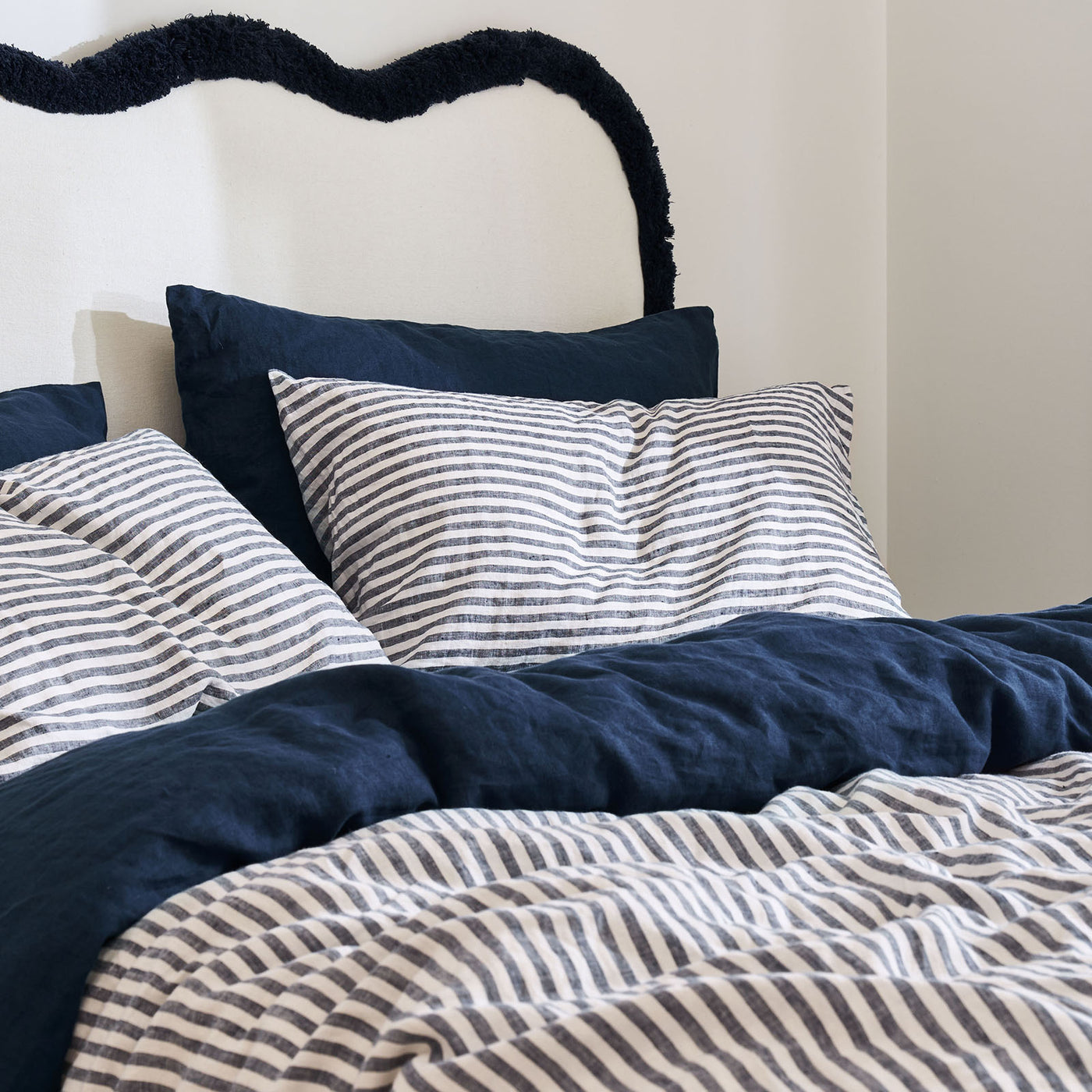 French Flax Linen Double Sided Quilt Cover in Indigo/Indigo Stripe