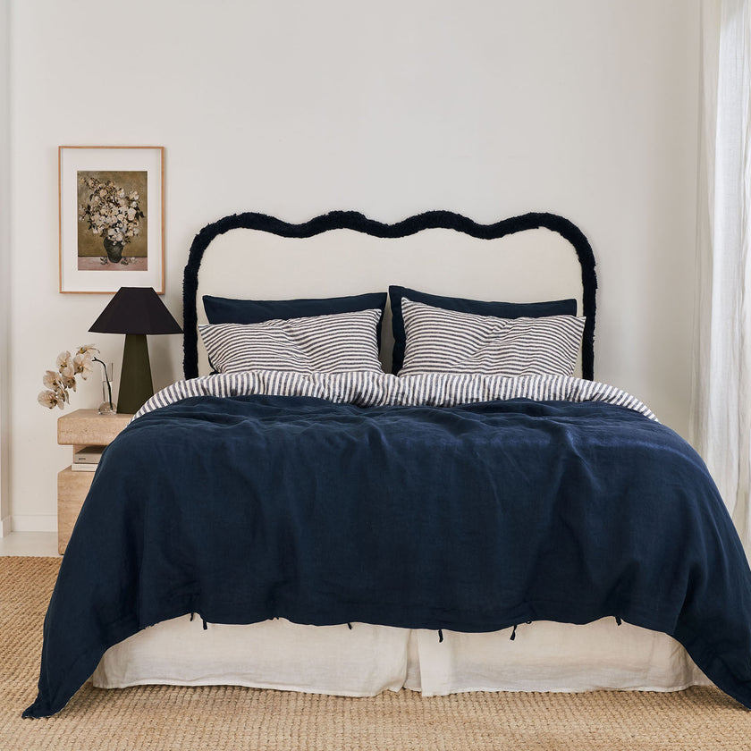 French Flax Linen Double Sided Quilt Cover SET in Indigo/Indigo Stripe