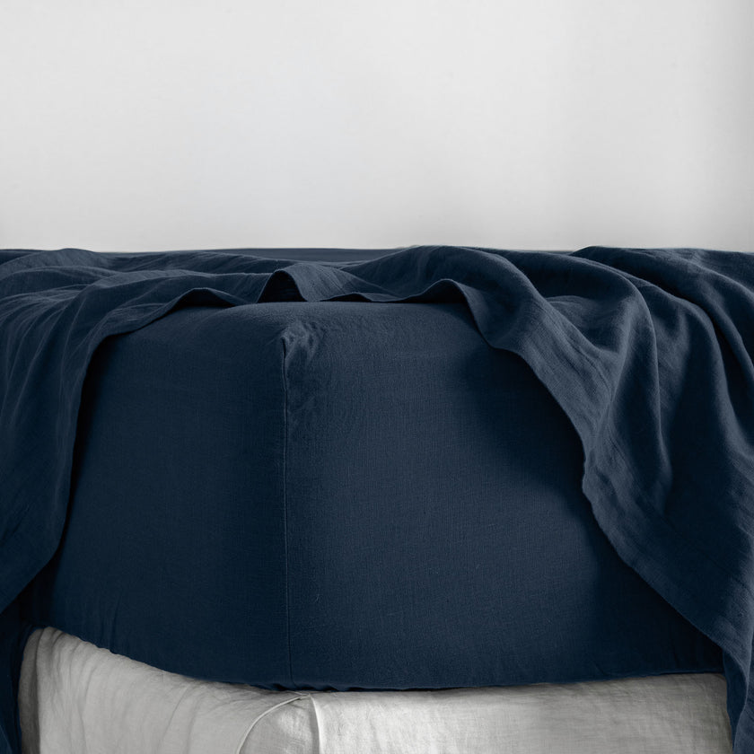 French Flax Linen Fitted Sheet in Indigo