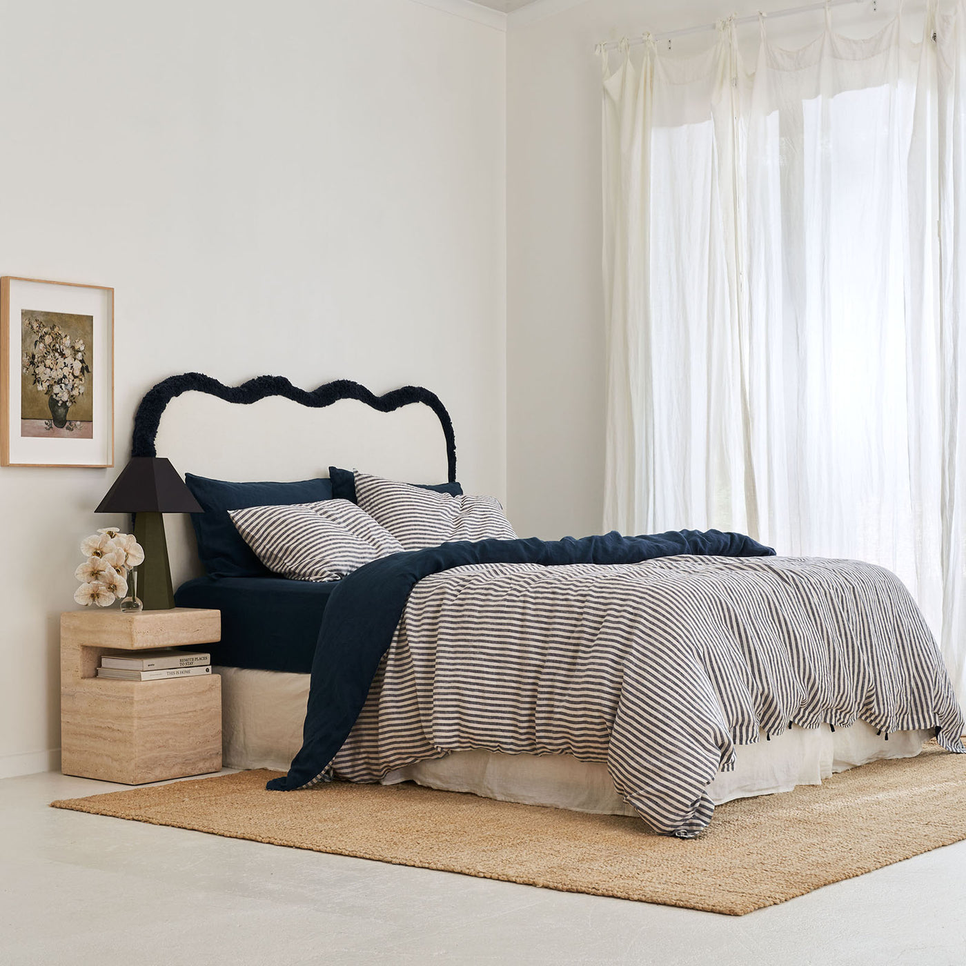 French Flax Linen Double Sided Quilt Cover in Indigo/Indigo Stripe