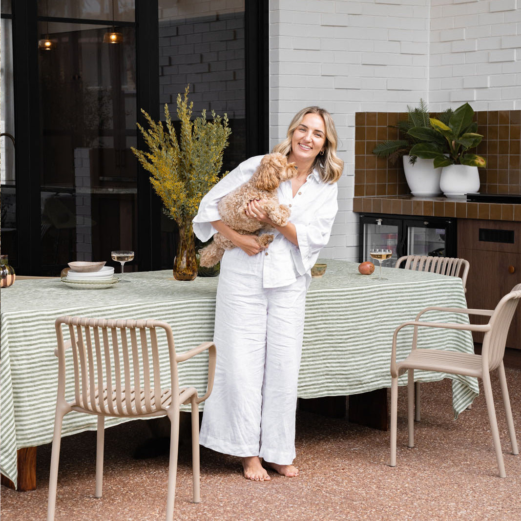 French Flax Linen Table Cloth in Ivy Stripe