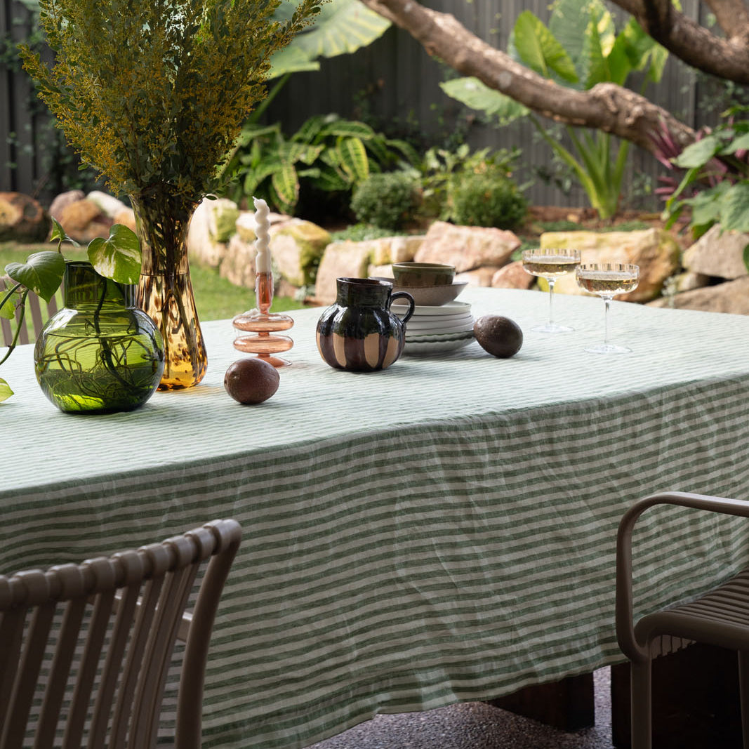 French Flax Linen Table Cloth in Ivy Stripe