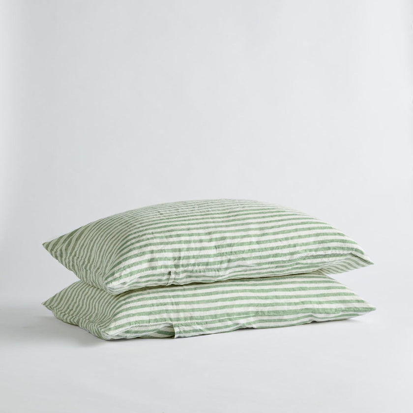 French Flax Linen Pillowcase Set in Ivy Stripe