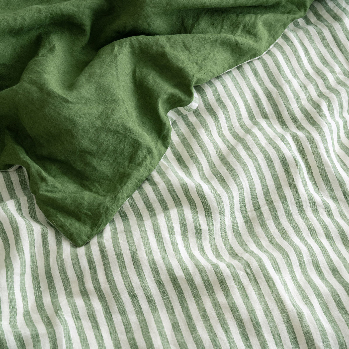 French Flax Linen Double Sided Quilt Cover Set in Ivy/Ivy Stripe