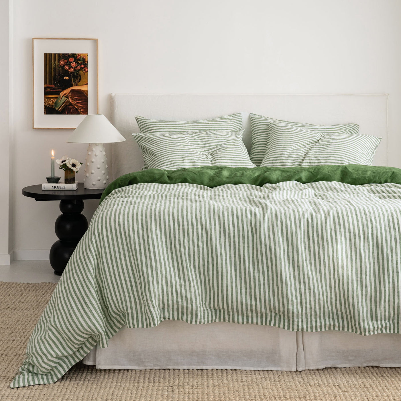 French Flax Linen Double Sided Quilt Cover Set in Ivy/Ivy Stripe