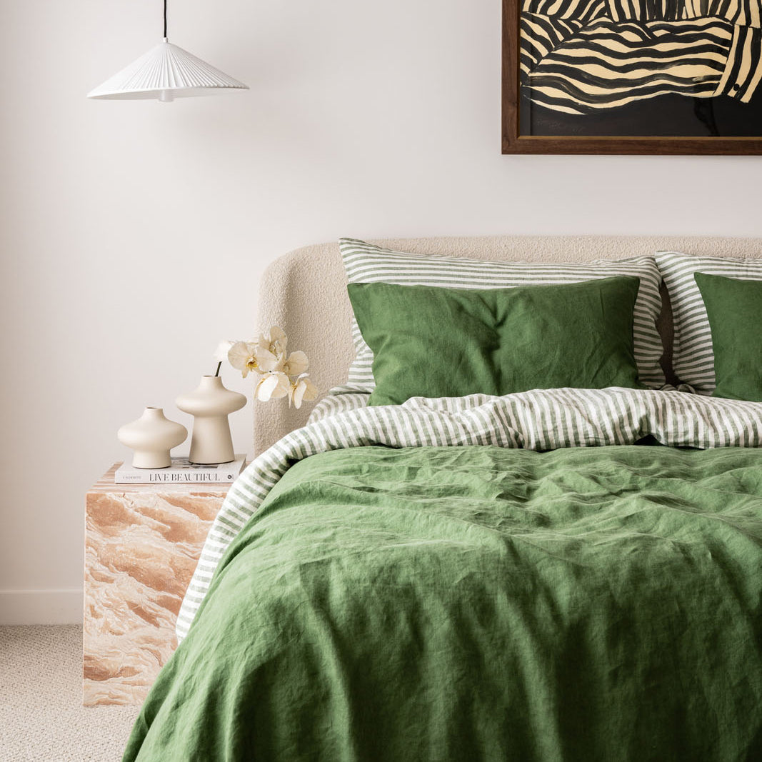 French Flax Linen Double Sided Quilt Cover Set in Ivy/Ivy Stripe