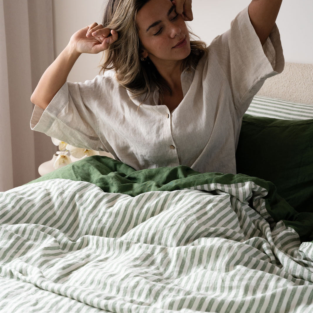French Flax Linen Double Sided Quilt Cover Set in Ivy/Ivy Stripe