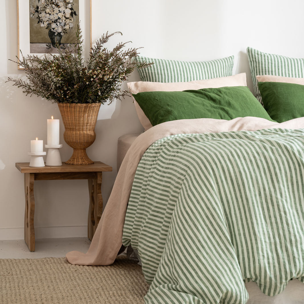 French Flax Linen Double Sided Quilt Cover Set in Ivy/Ivy Stripe