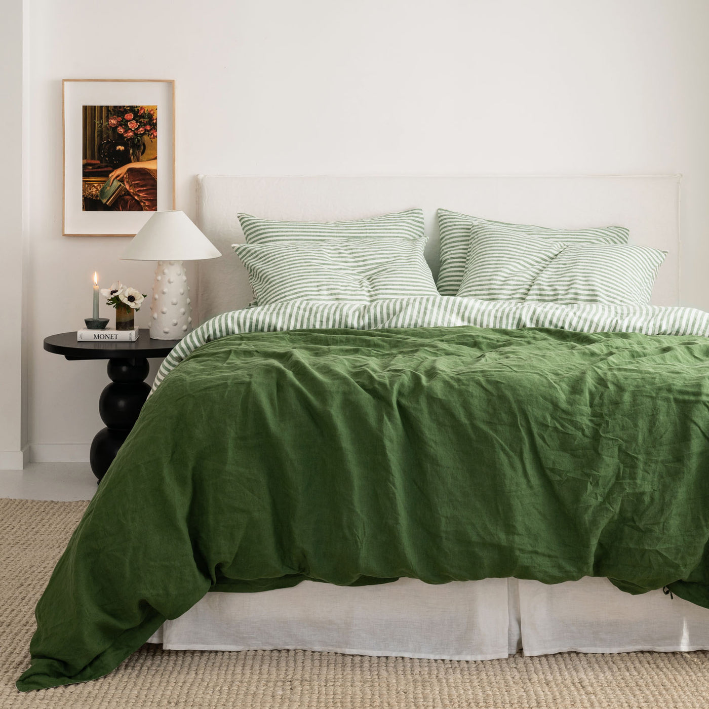 French Flax Linen Double Sided Quilt Cover Set in Ivy/Ivy Stripe