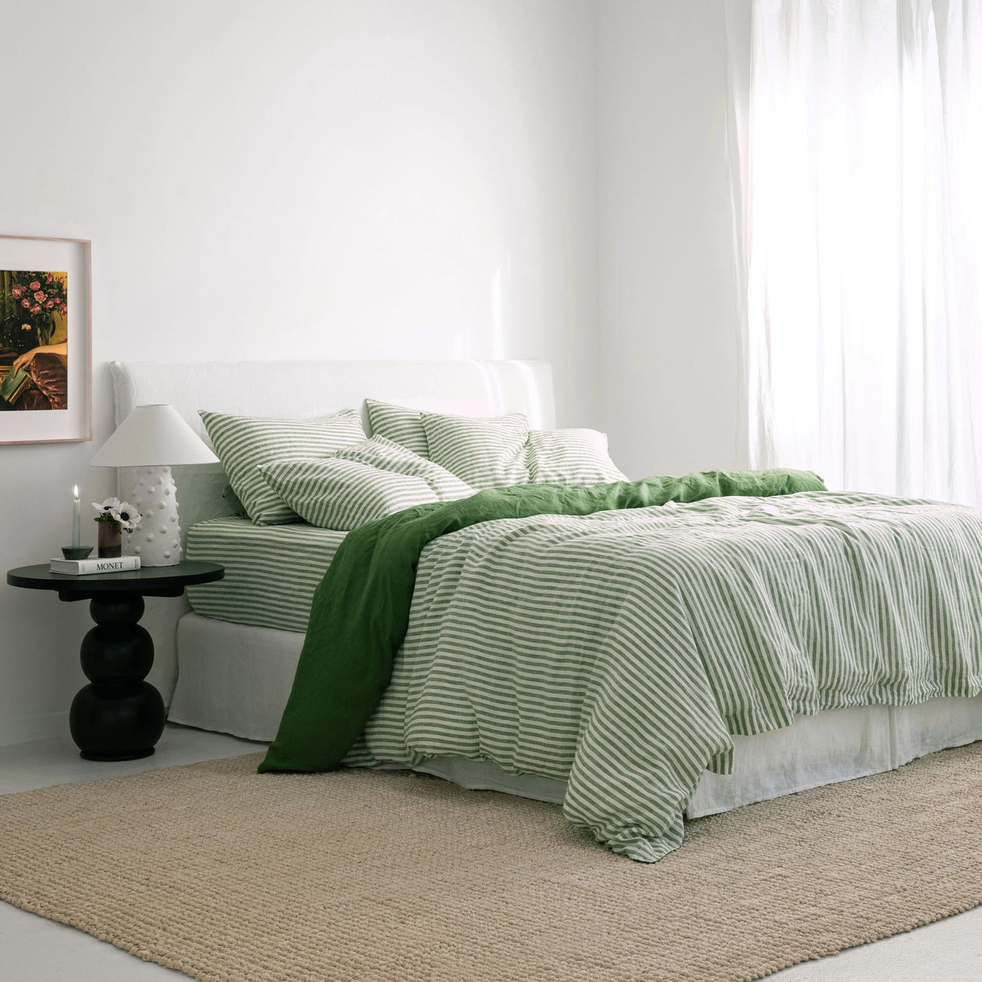 French Flax Linen Double Sided Quilt Cover Set in Ivy/Ivy Stripe