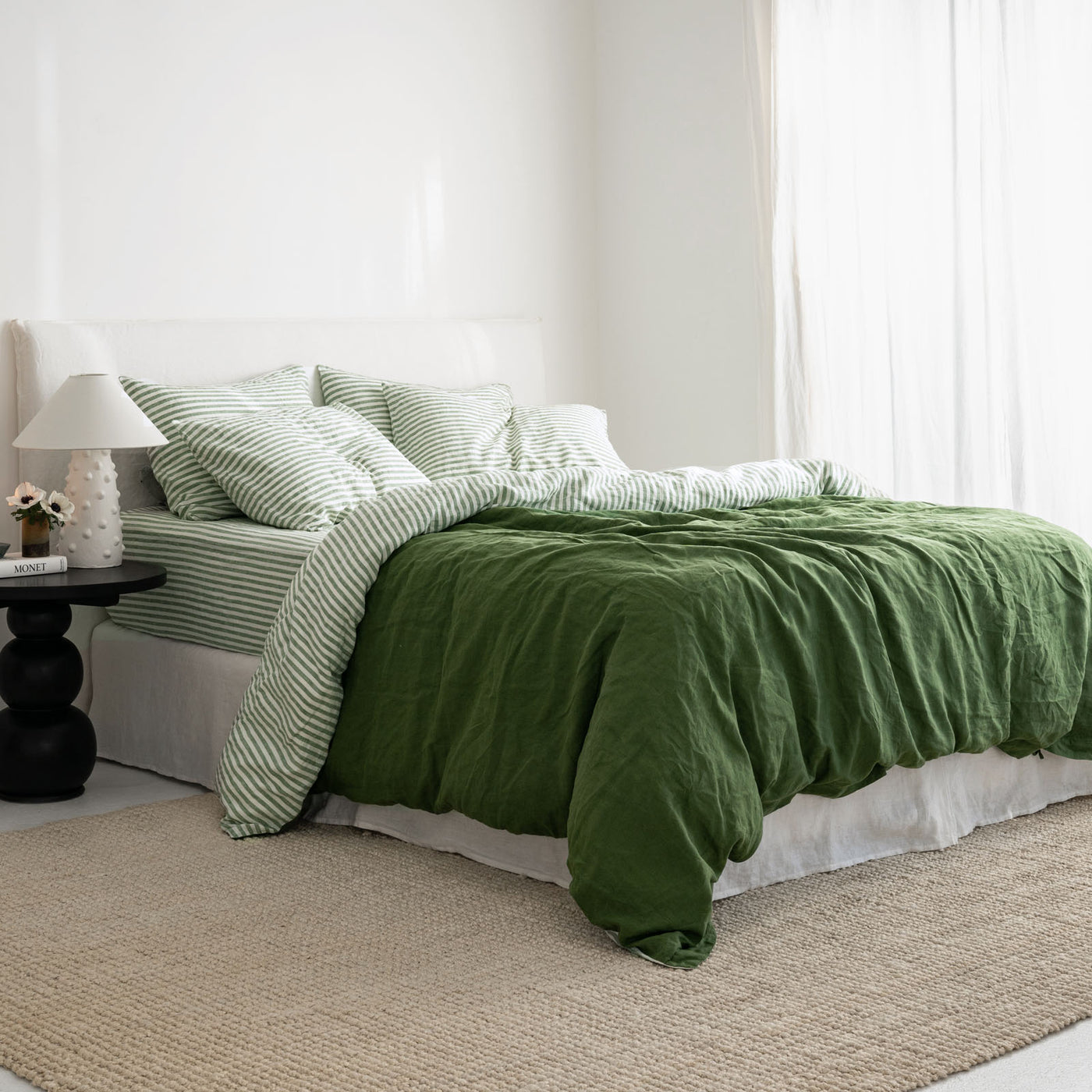 French Flax Linen Double Sided Quilt Cover Set in Ivy/Ivy Stripe