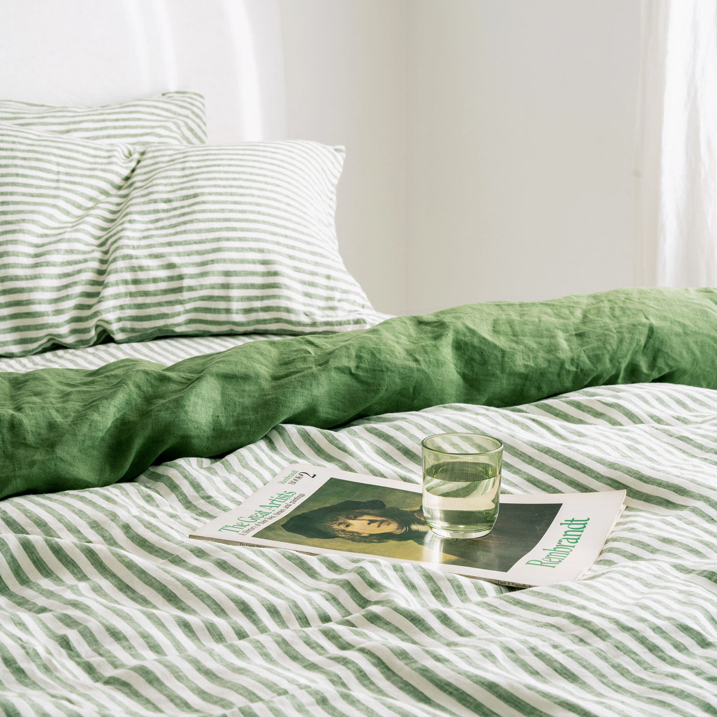 French Flax Linen Double Sided Quilt Cover Set in Ivy/Ivy Stripe