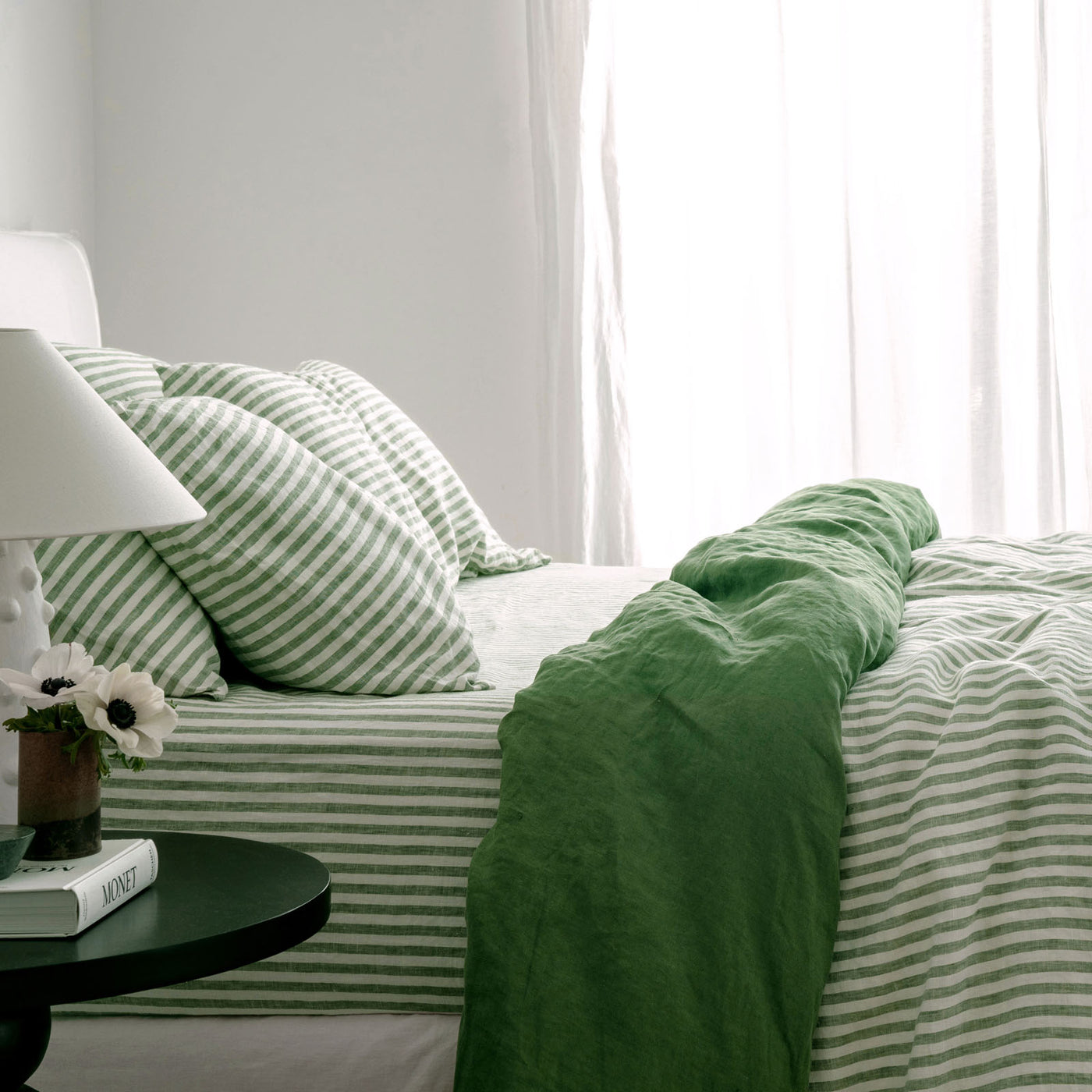 French Flax Linen Double Sided Quilt Cover Set in Ivy/Ivy Stripe