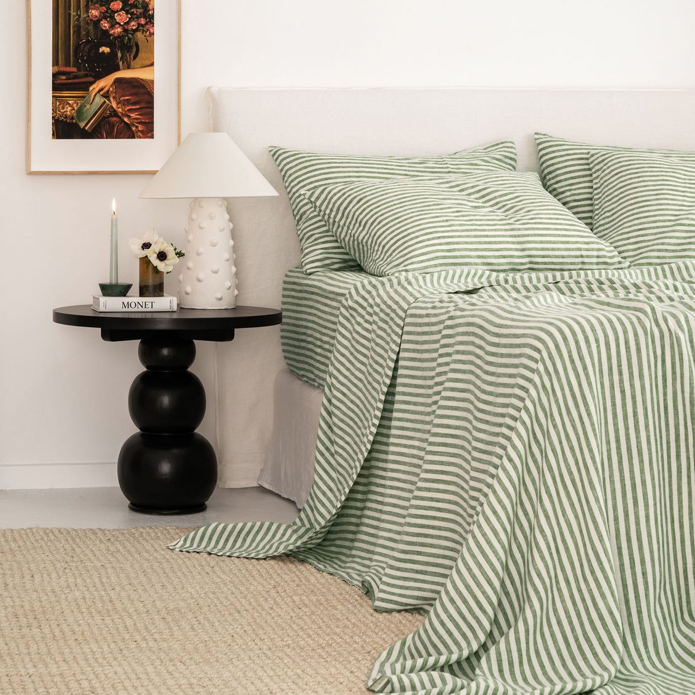 French Flax Linen Sheet Set in Ivy Stripe