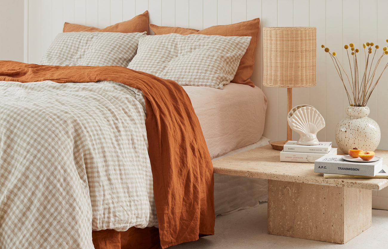 French linen, lookbook, beige gingham, ochre, blush, bedding