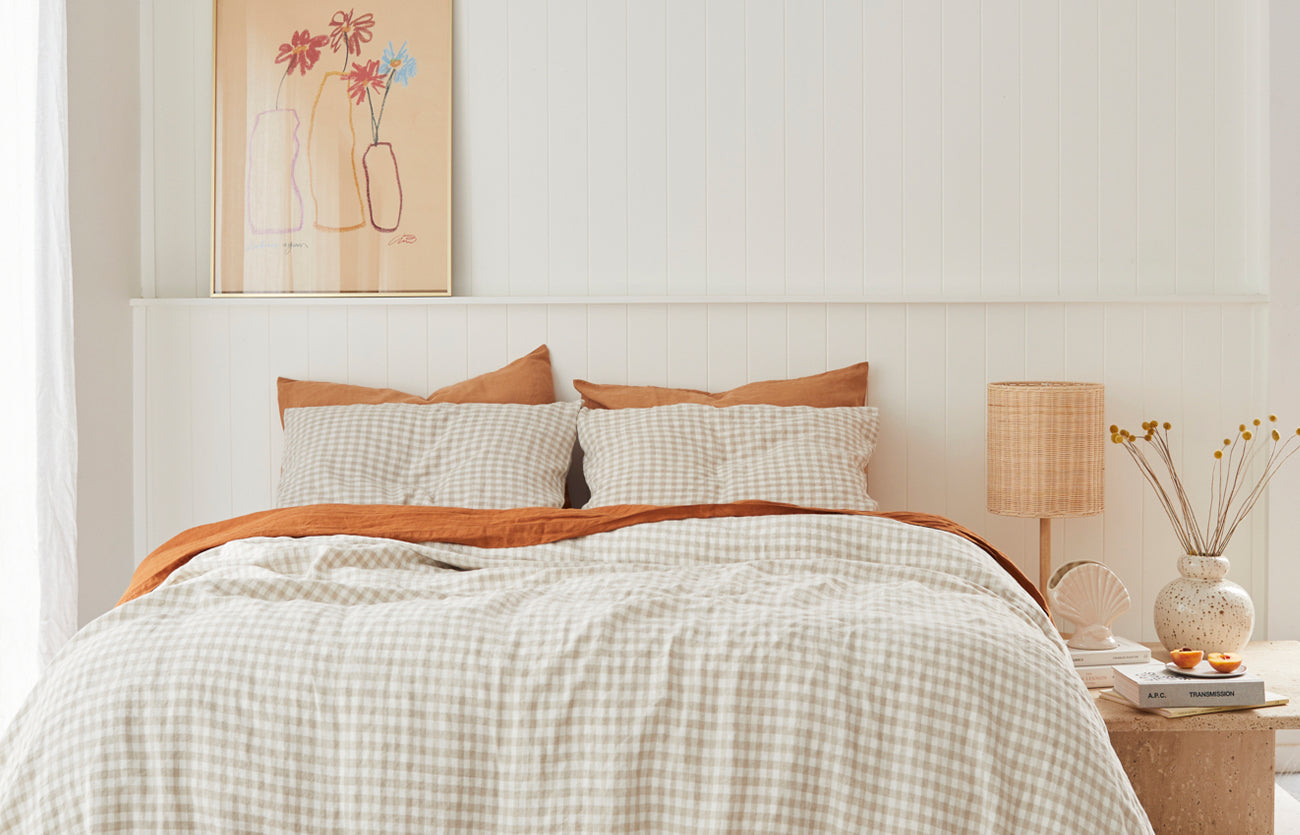 French linen, lookbook, beige gingham, ochre, blush, bedding