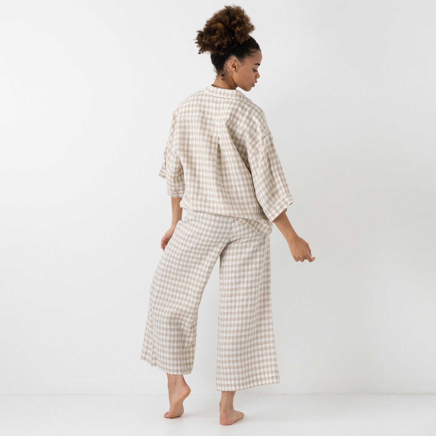 French Flax Linen Lounge Pant in Beige Gingham