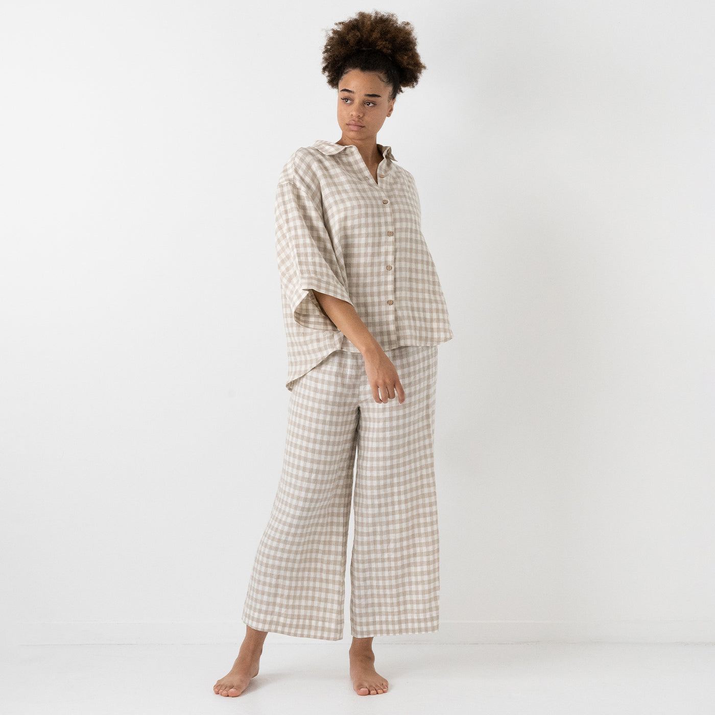 French Flax Linen Lounge Pant in Beige Gingham
