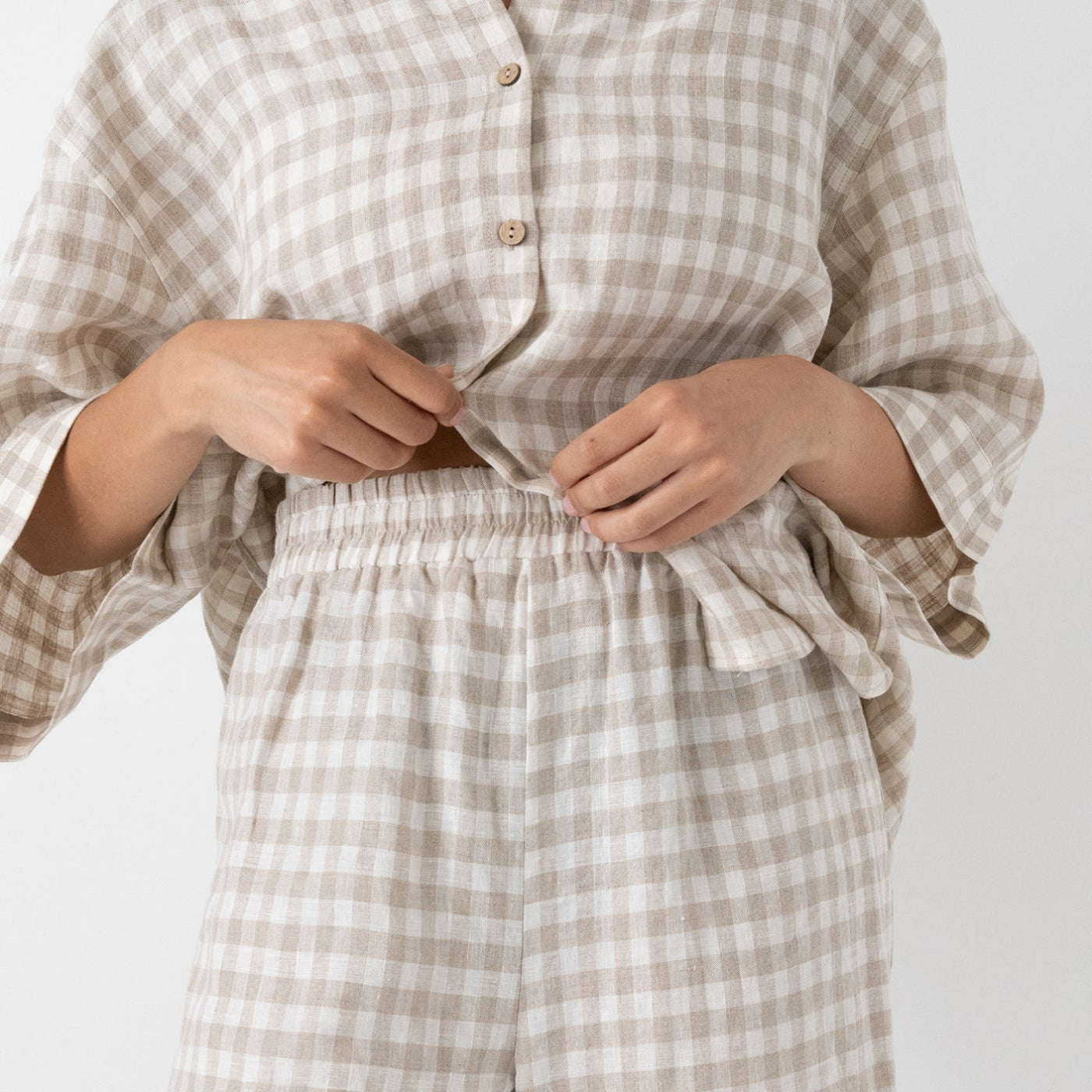 French Flax Linen Lounge Pant in Beige Gingham