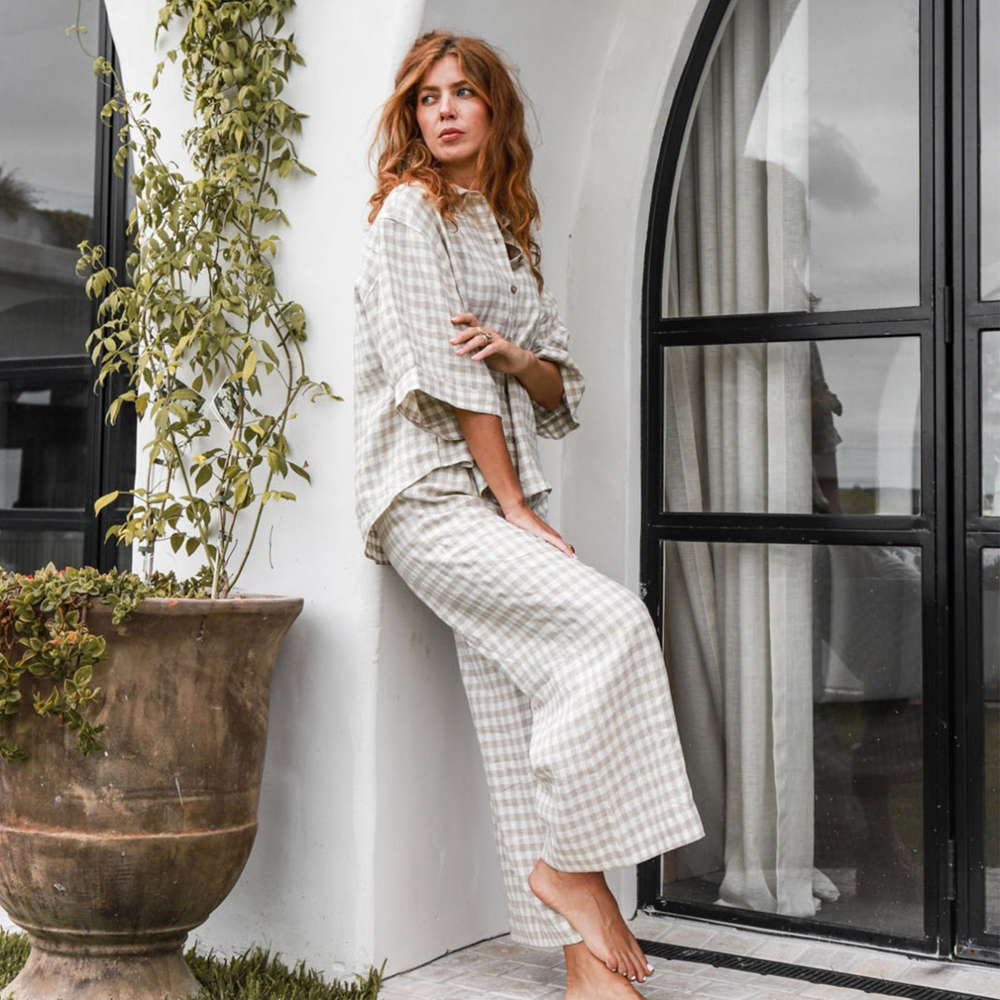 French Flax Linen Lounge Pant in Beige Gingham