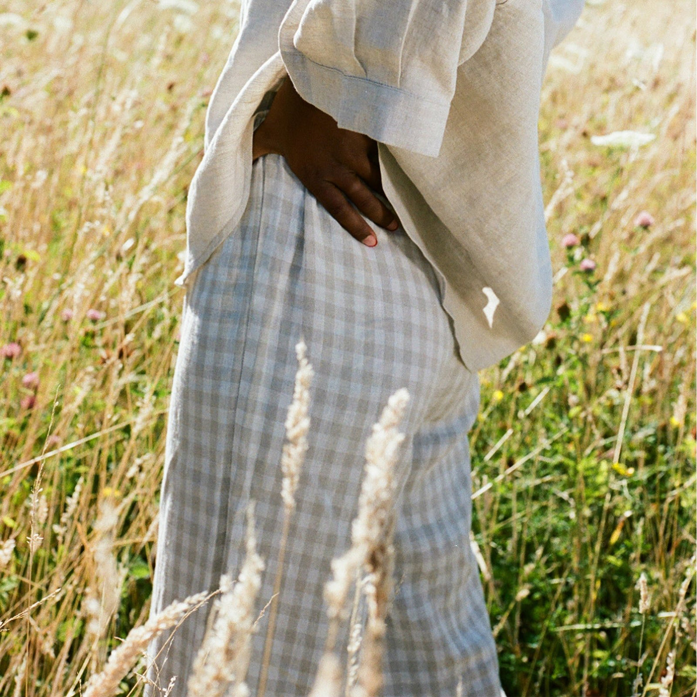 French Flax Linen Lounge Pant in Beige Gingham