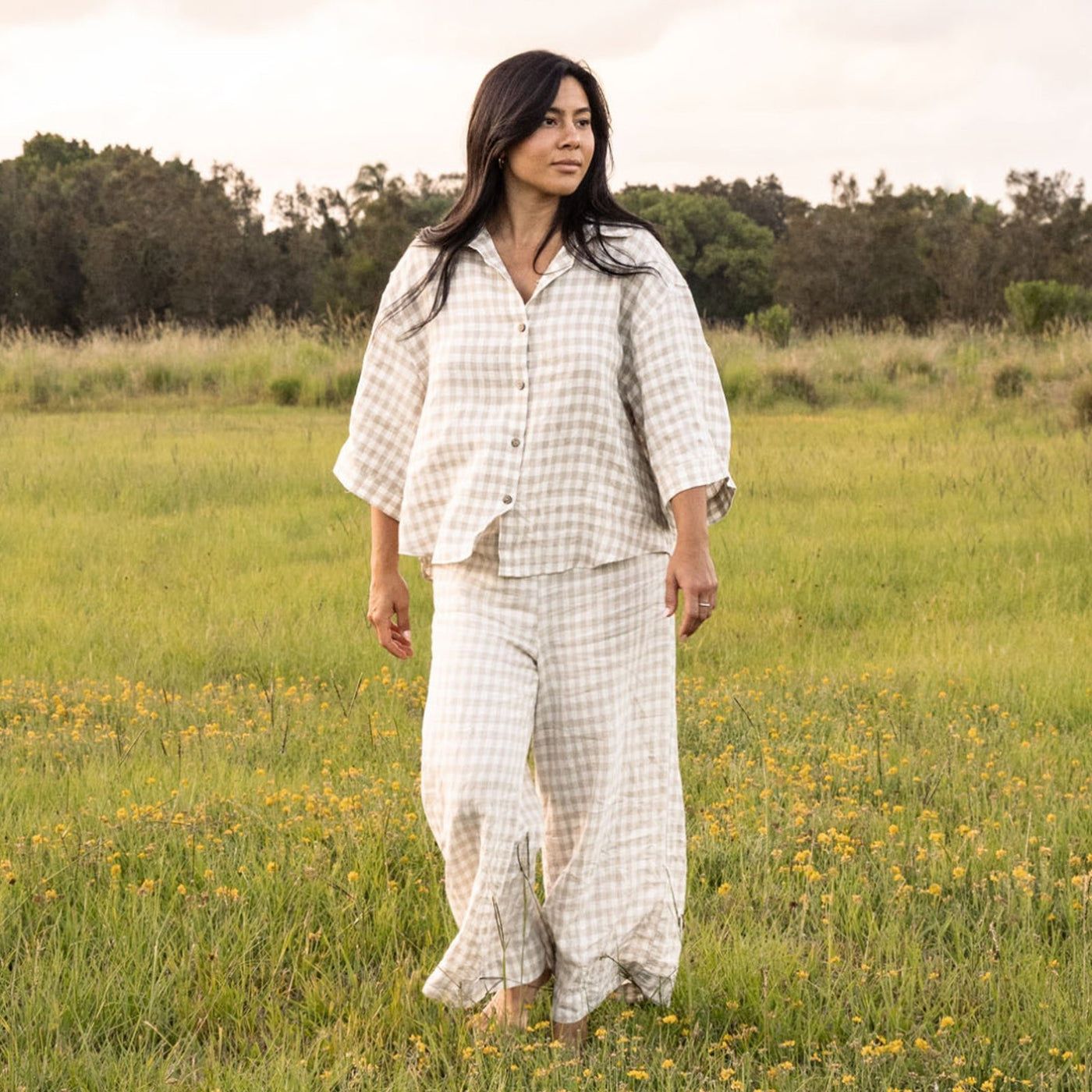 French Flax Linen Lounge Pant in Beige Gingham