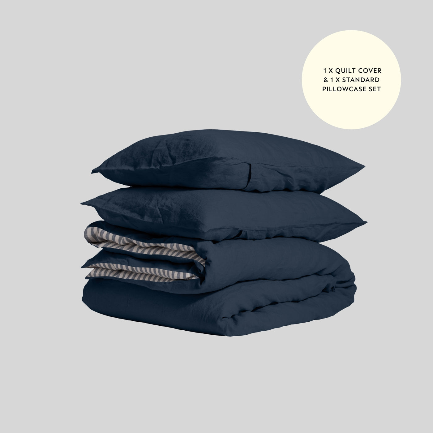 French Flax Linen Double Sided Quilt Cover Set in Indigo/Indigo Stripe