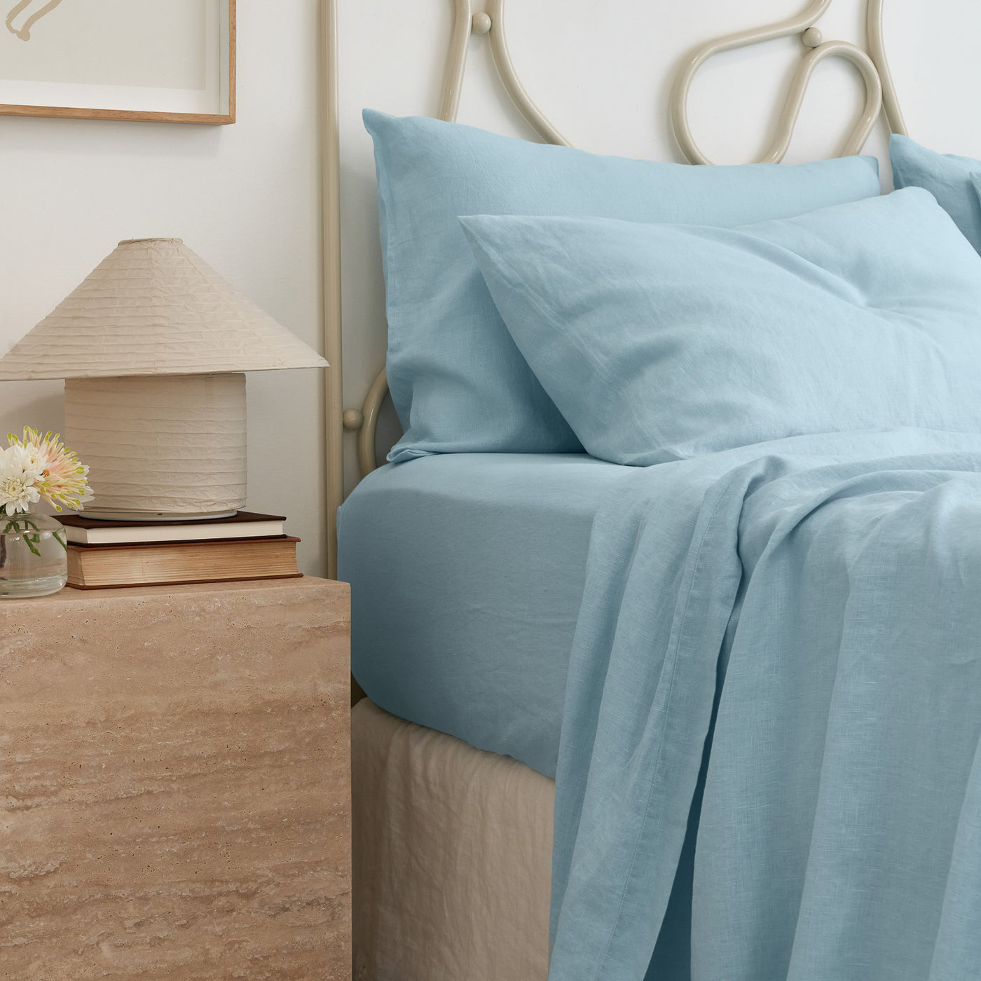 French Flax Linen Fitted Sheet in Sky Blue