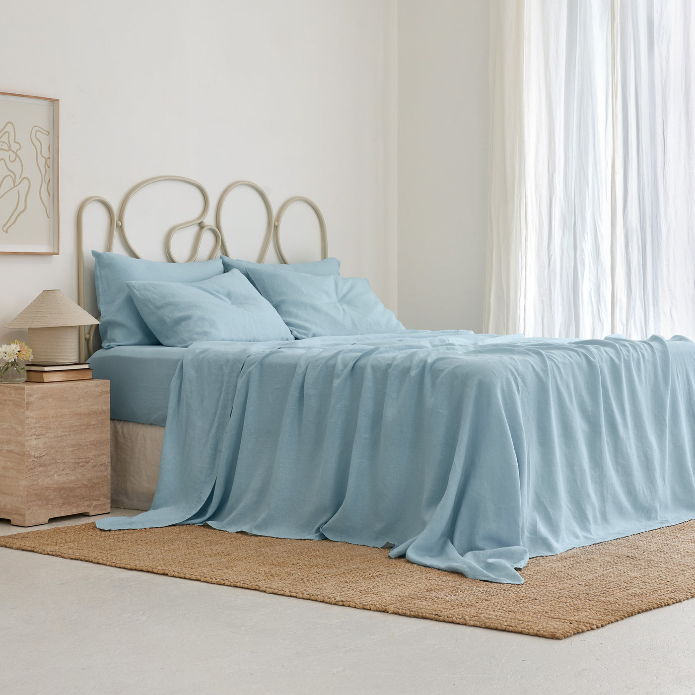 French Flax Linen Sheet Set in Sky Blue