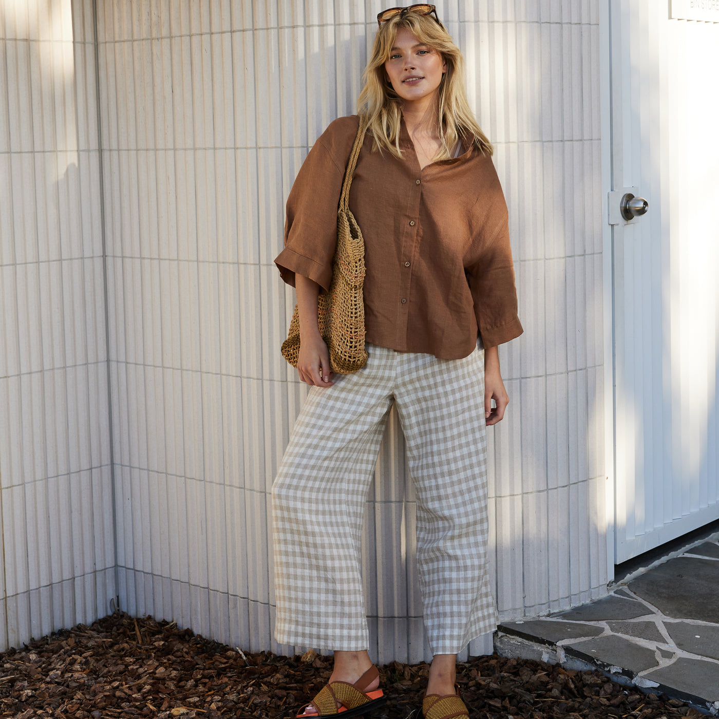 French Flax Linen Lounge Pant in Beige Gingham