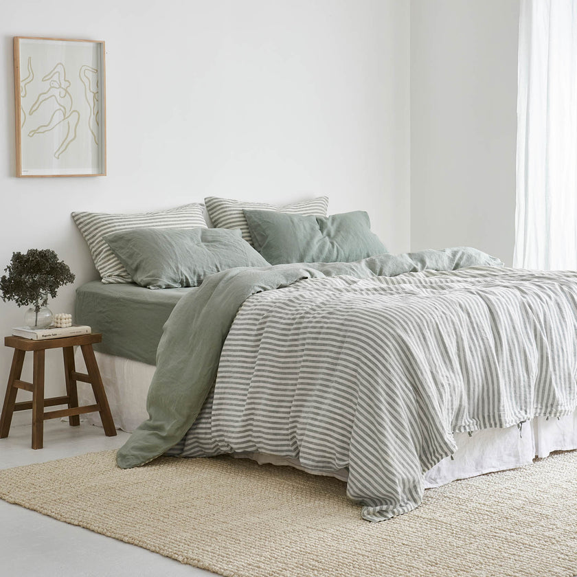 French Flax Linen Double Sided Quilt Cover Set in Sage/Sage Stripe