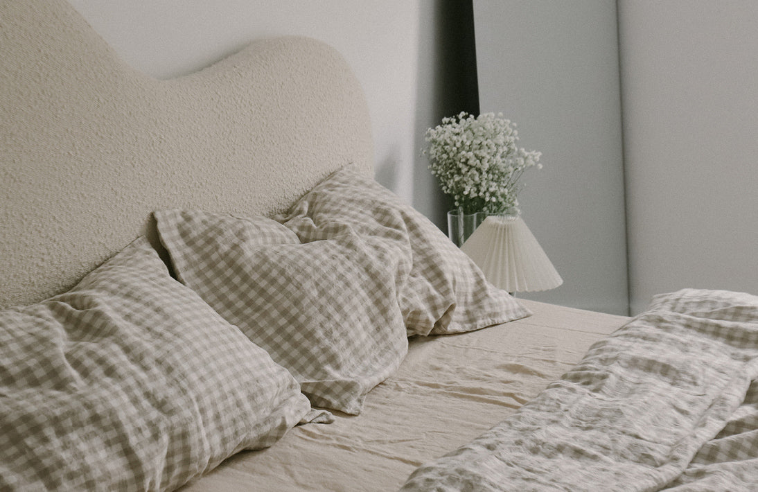 French Flax Linen Sheet Set in Beige Gingham