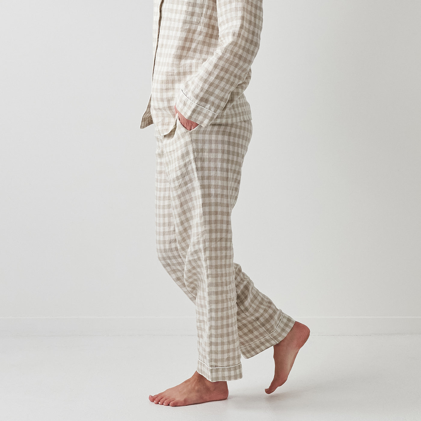 French Flax Linen Pyjama Set in Beige Gingham