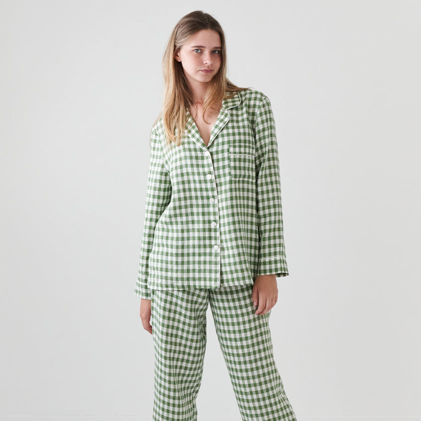 French Flax Linen Pyjama Set in Ivy Gingham