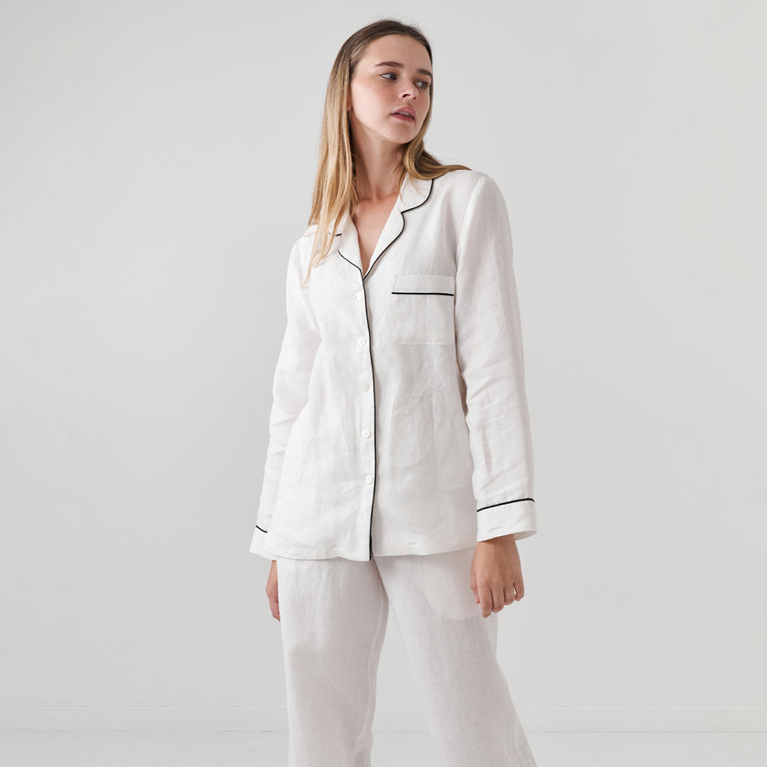 French Flax Linen Pyjama Set in White
