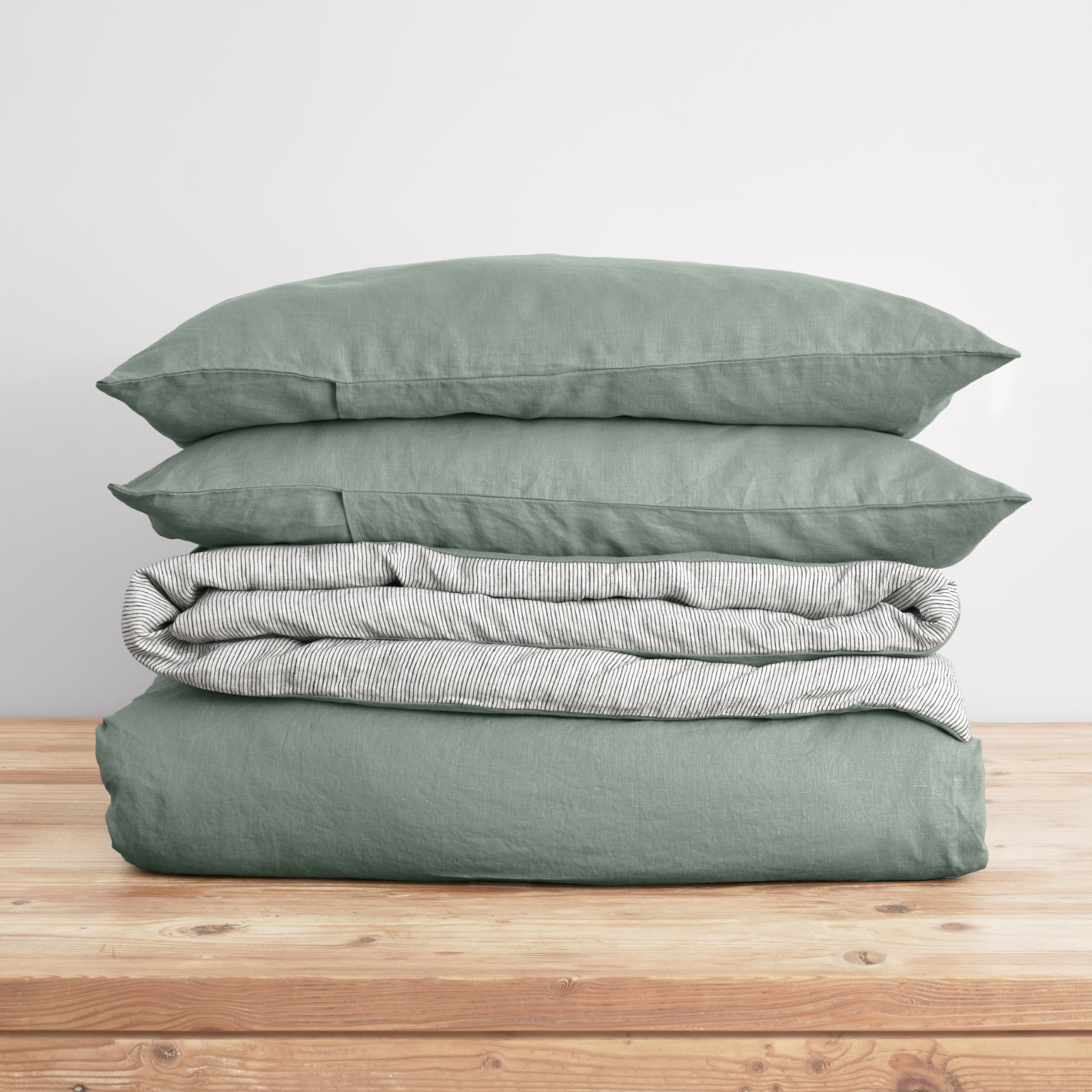 French Flax Linen Double Sided Quilt Cover Set in Sage/Pinstripe