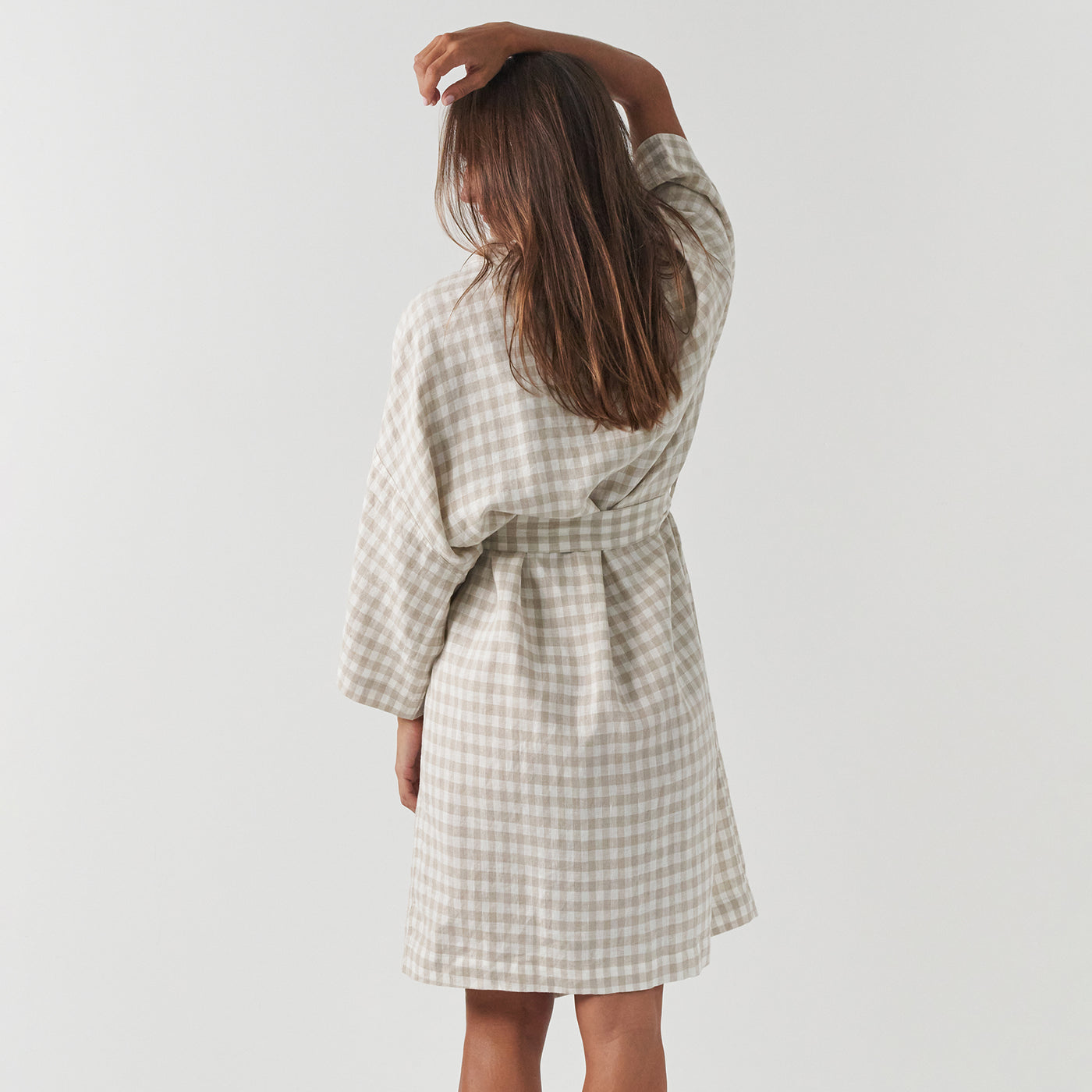 French Flax Linen Robe in Beige Gingham