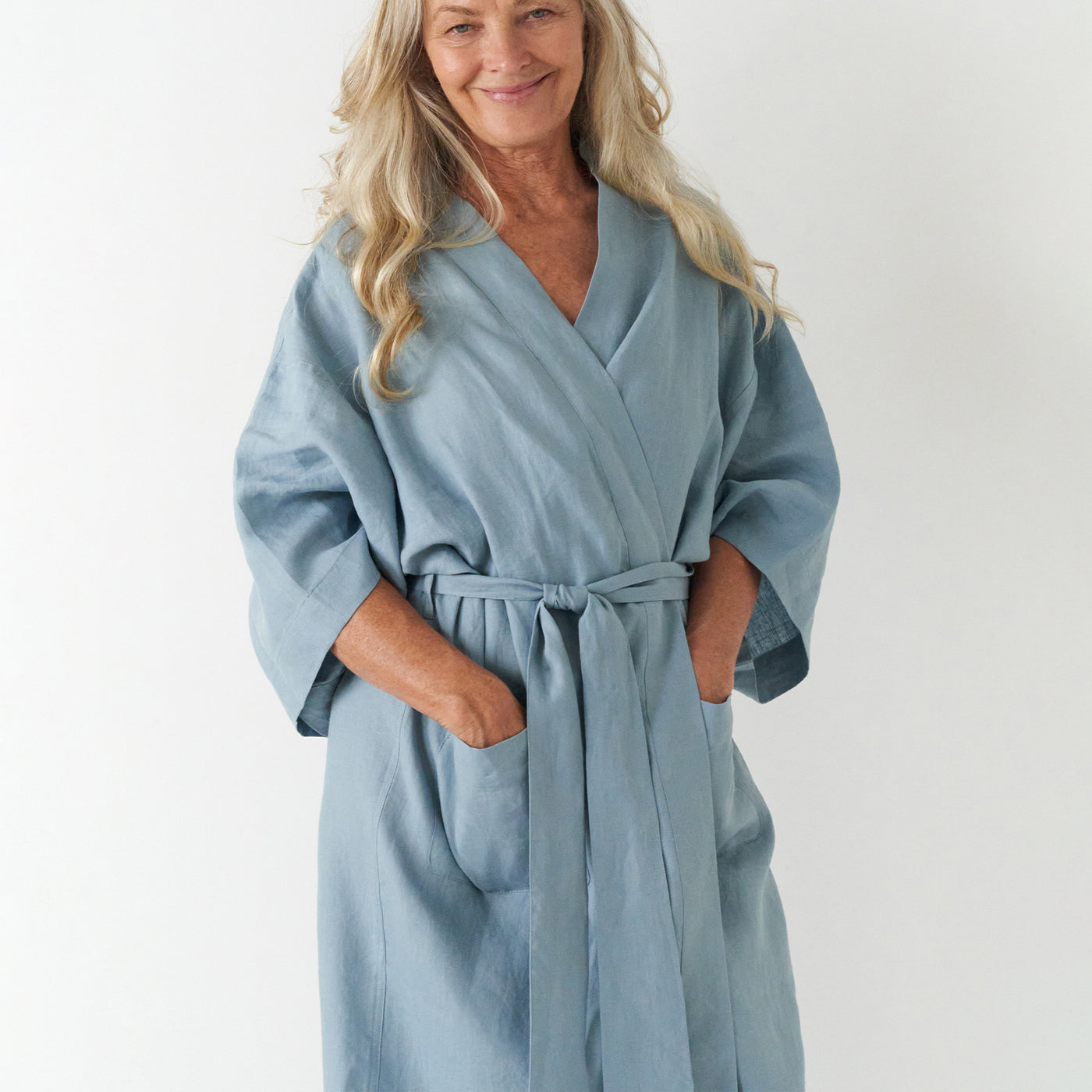 French Flax Linen Robe in Marine Blue
