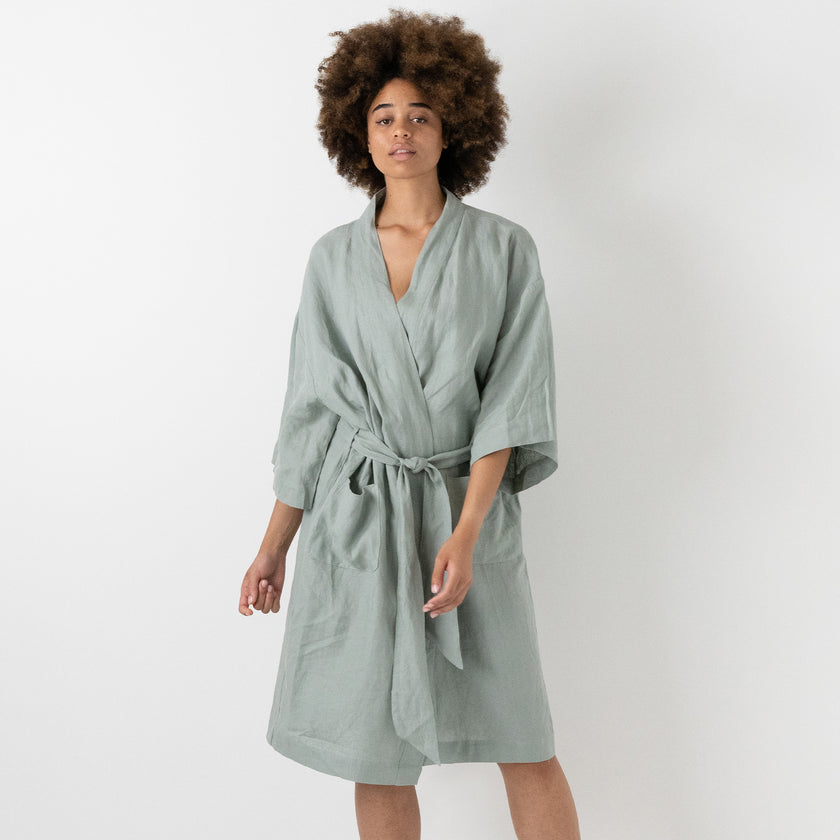 French Flax Linen Robe in Sage