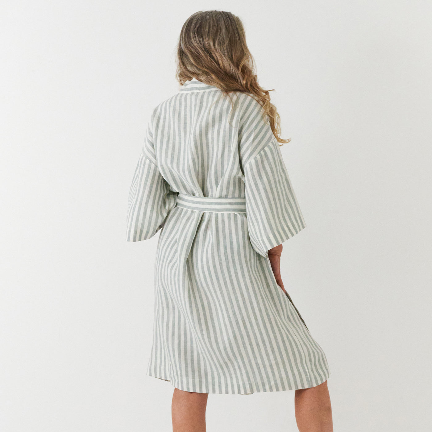 French Flax Linen Robe in Sage Stripe