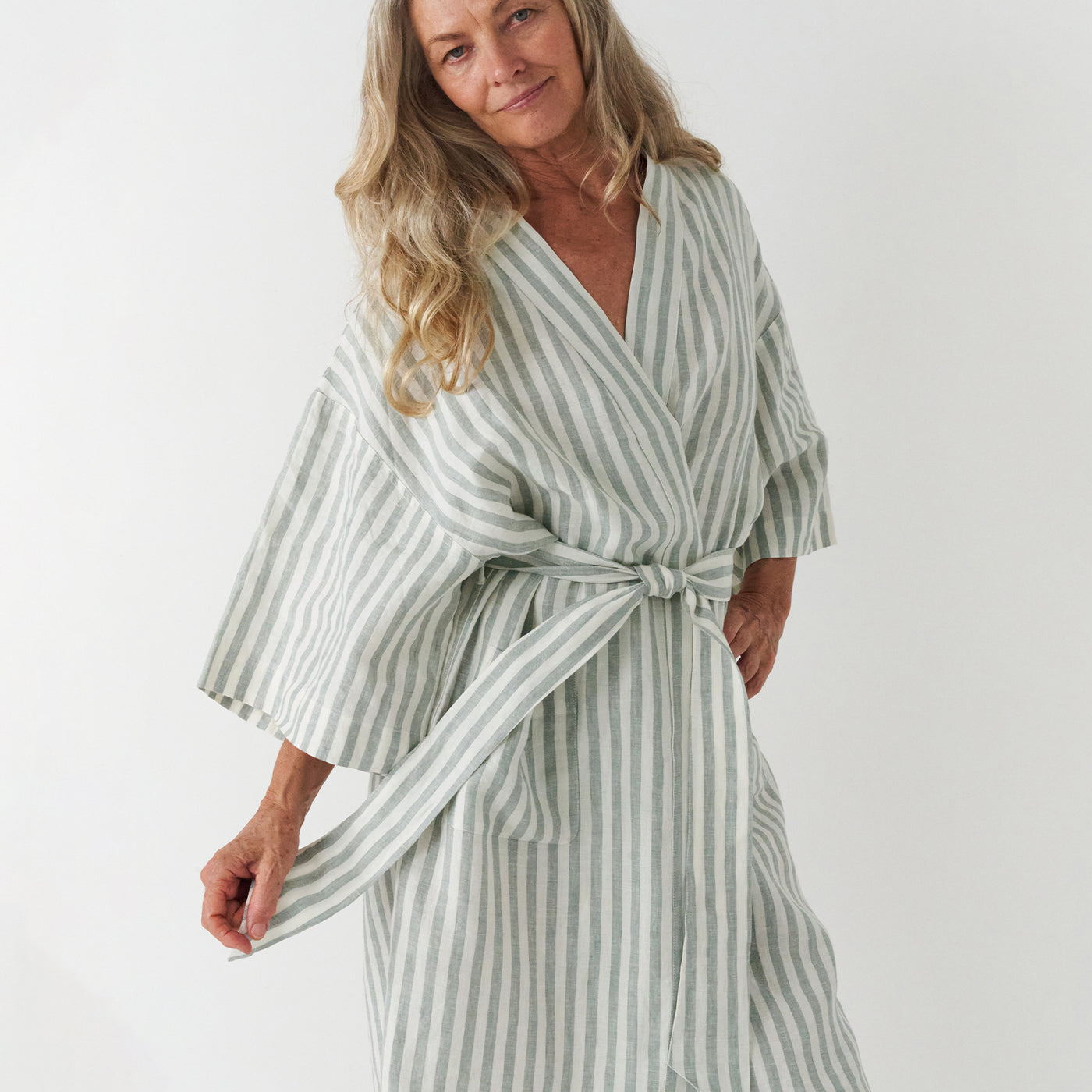 French Flax Linen Robe in Sage Stripe