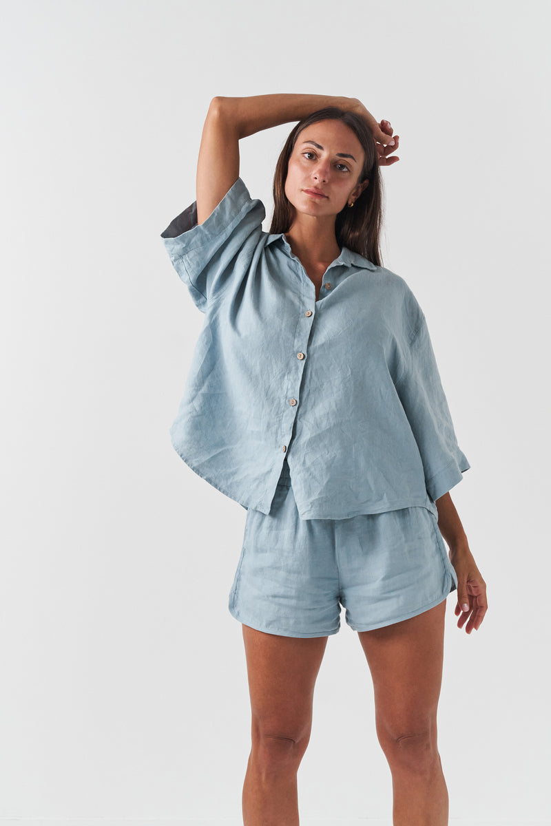 marine blue linen shorts and shirt