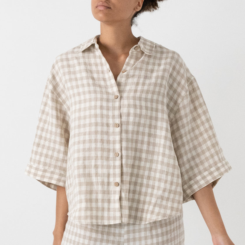 French Flax Linen Ruby Shirt in Beige Gingham