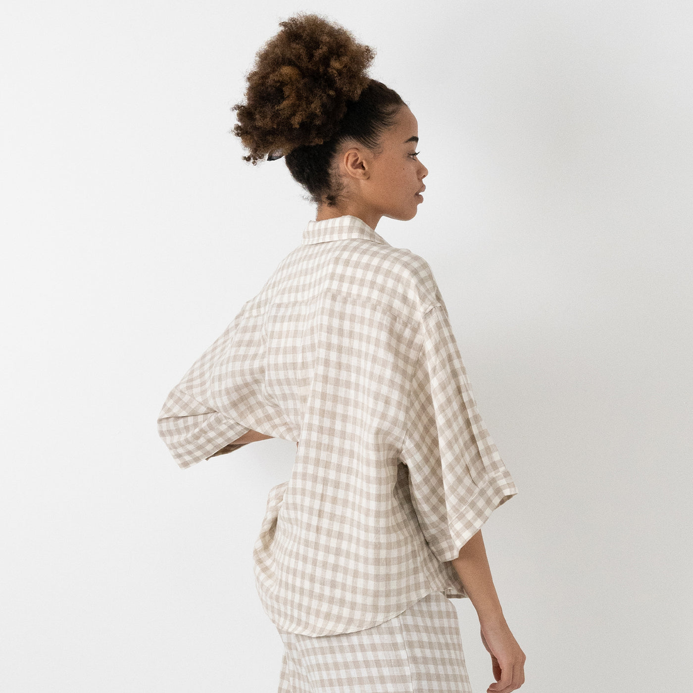 French Flax Linen Ruby Shirt in Beige Gingham