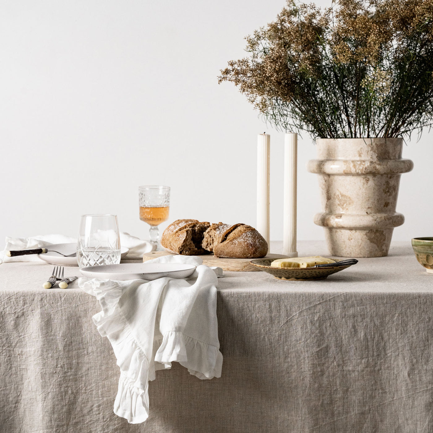 French Flax Linen Ruffles Table Cloth in Natural
