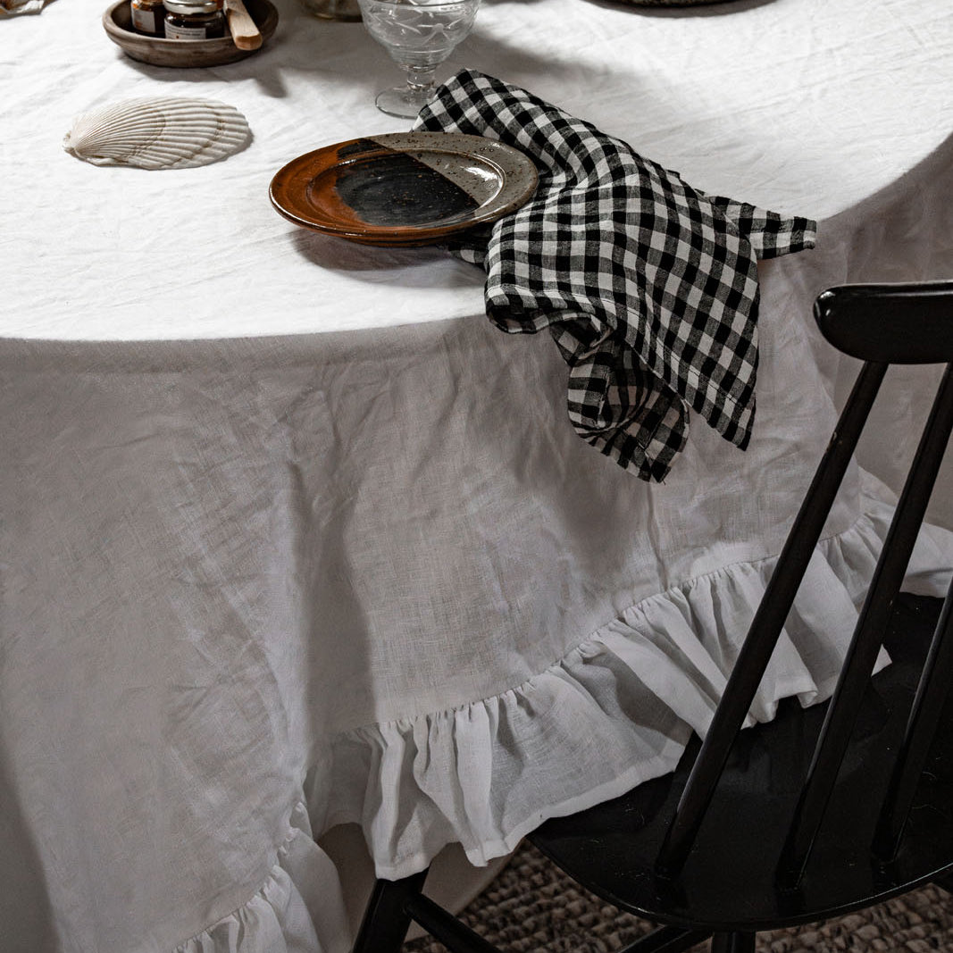 French Flax Linen Ruffles Table Cloth in White