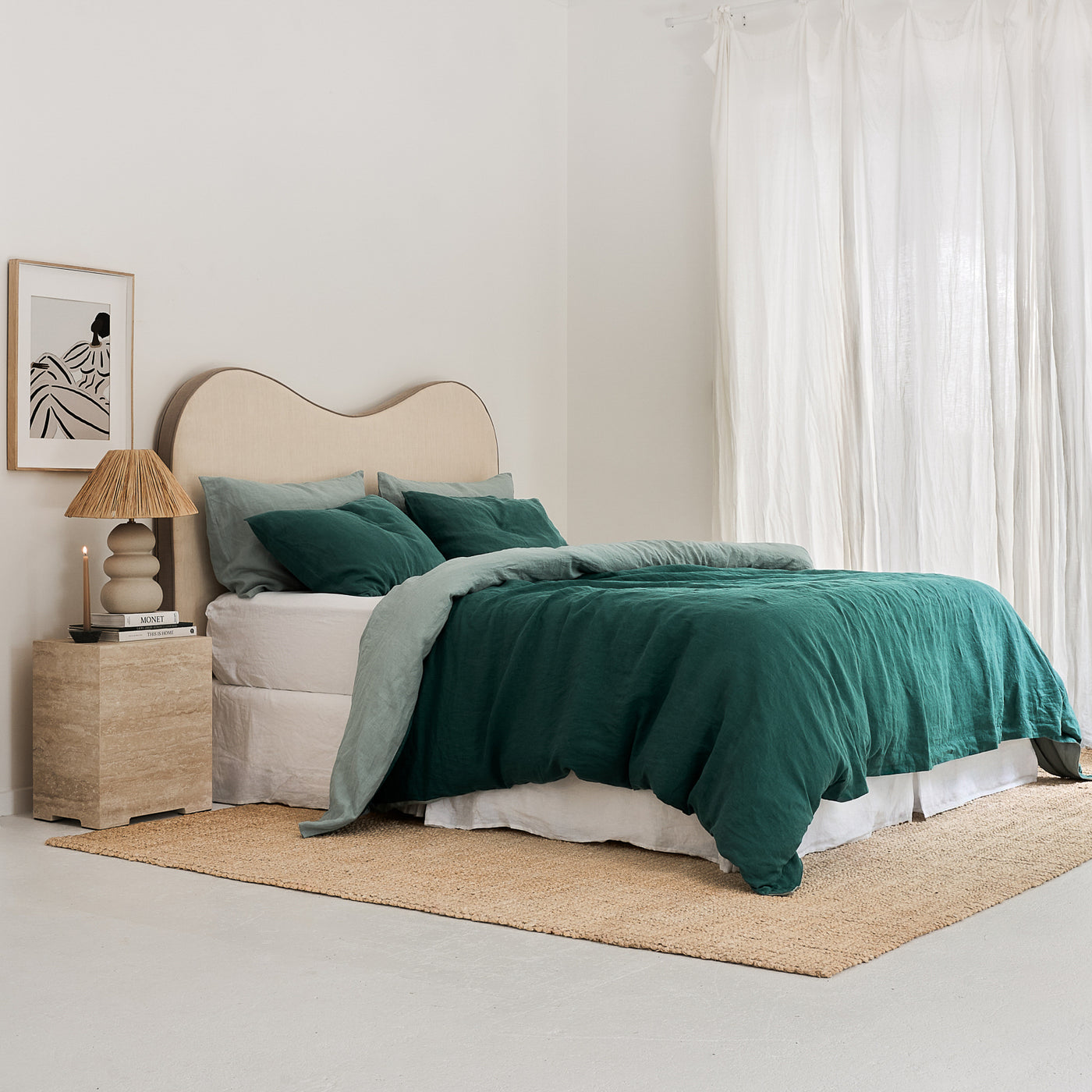 French Flax Linen Double Sided Quilt Cover Set in Sage/Jade