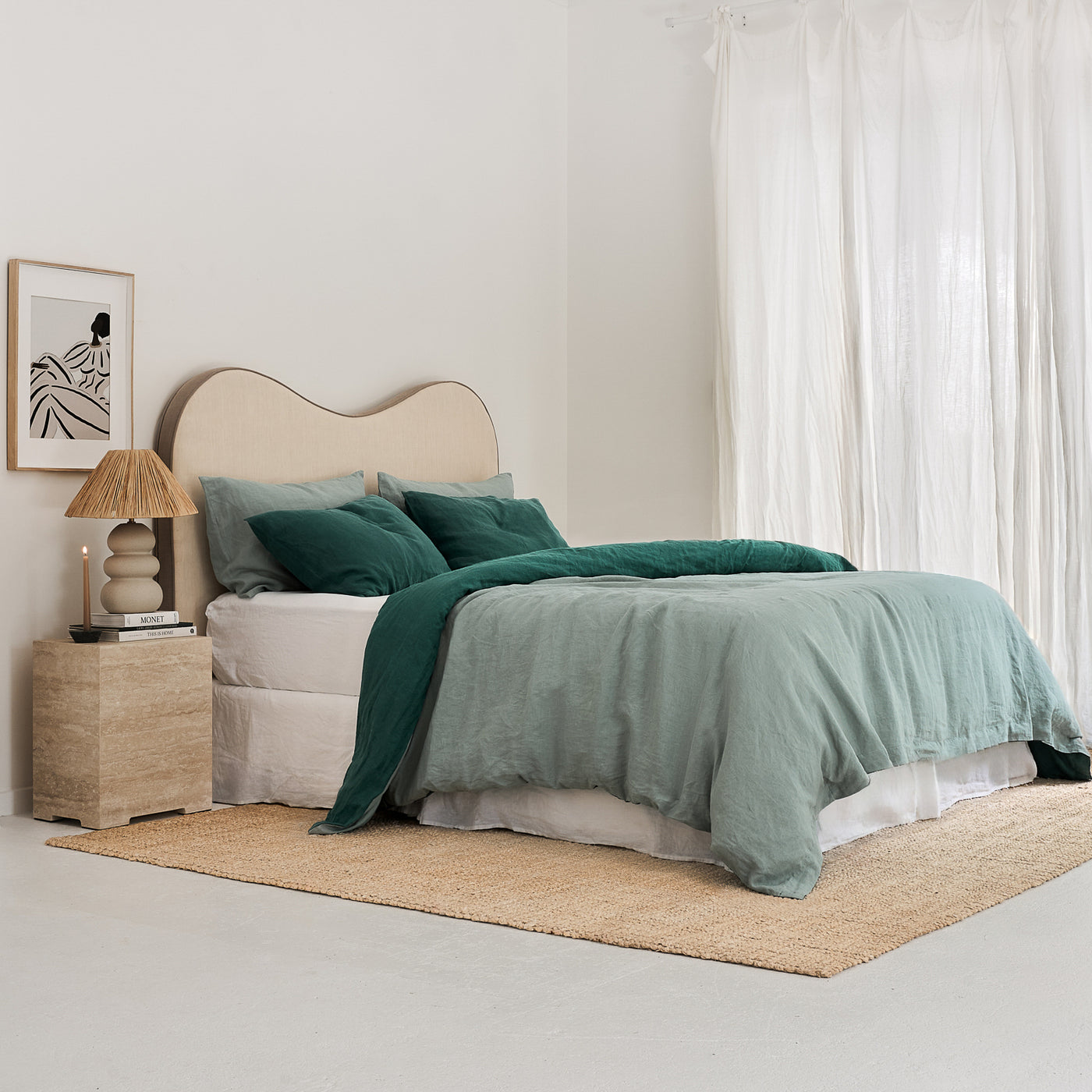 French Flax Linen Double Sided Quilt Cover Set in Sage/Jade