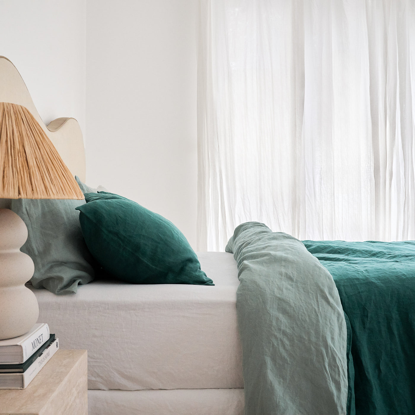 French Flax Linen Double Sided Quilt Cover Set in Sage/Jade